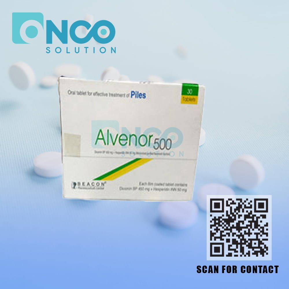 Alvenor 500 MG (Diosmin + Hesperidin) Tablets - Treatment for venous insufficiency by Beacon Pharmaceuticals, available from Onco Solution.