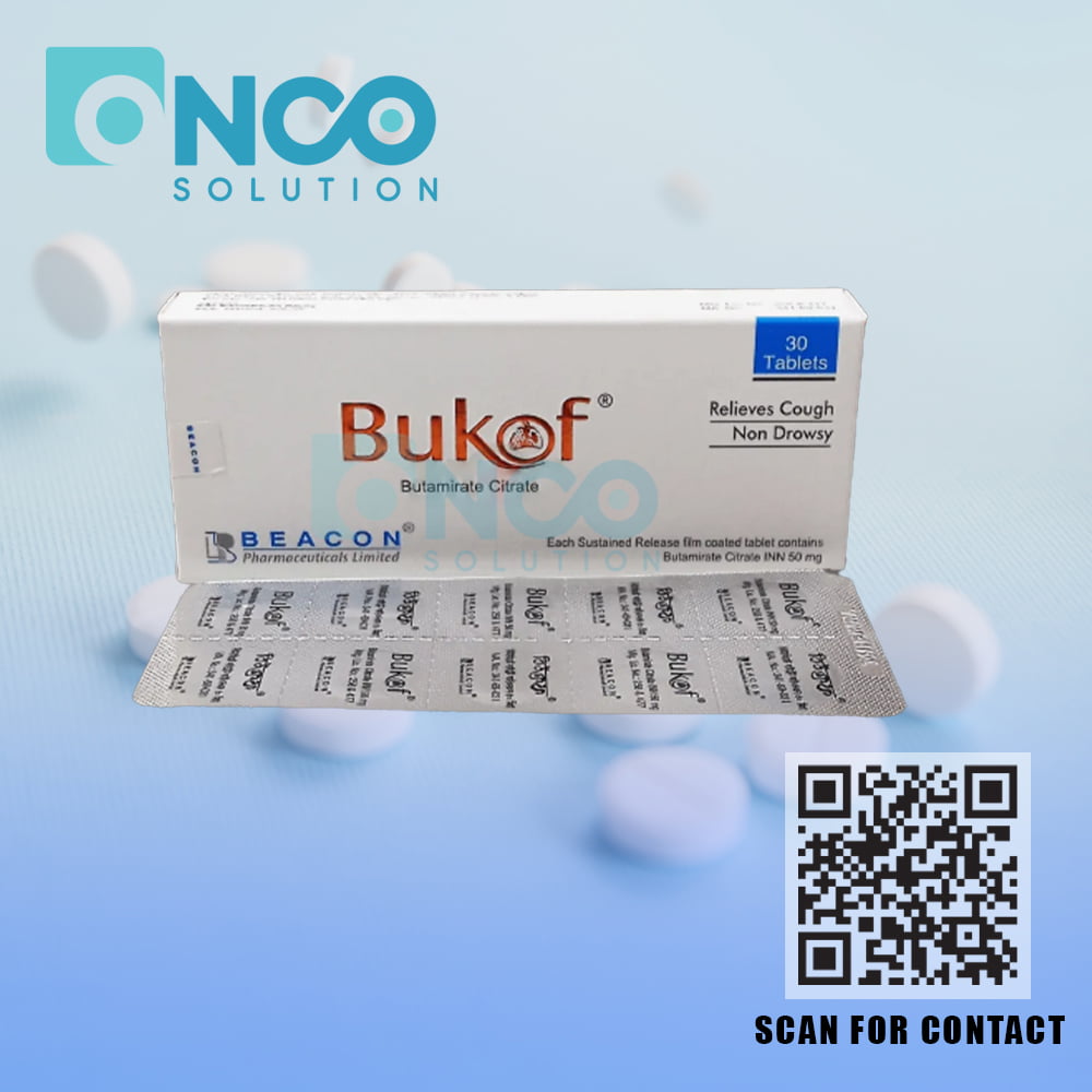 Bukof 50 MG (Butamirate Citrate) Tablets - Non-narcotic cough suppressant by Beacon Pharmaceuticals, available from Onco Solution.