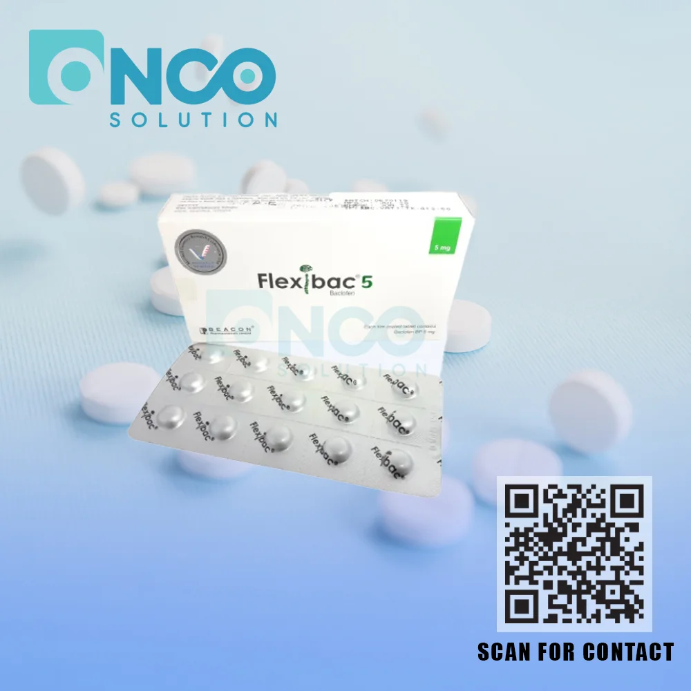 Flexibac 5 mg (Baclofen) Tablets for muscle relaxation and spasticity management, manufactured by Beacon Pharmaceuticals Ltd., supplied by Onco Solution.