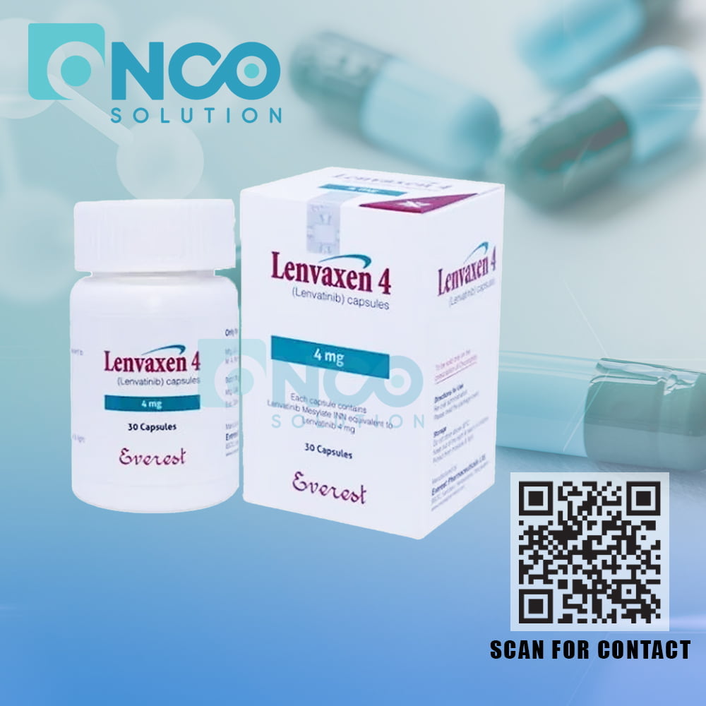 Lenvaxen 4 mg (Lenvatinib) Capsules for advanced cancer treatment, manufactured by Everest Pharmaceutical Ltd., supplied by Onco Solution.