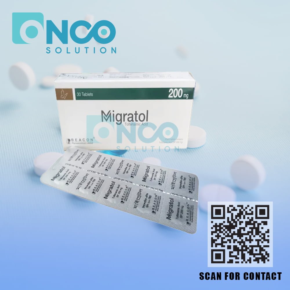 Migratol 200 MG (Tolfenamic Acid) Tablets - Migraine relief by Beacon Pharmaceuticals Ltd, available from Onco Solution.