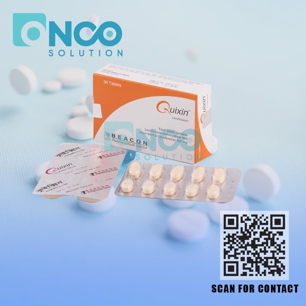 Quixin 500 MG (Levofloxacin) Tablets - Powerful antibiotic for bacterial infections by Beacon Pharmaceuticals, available from Onco Solution.