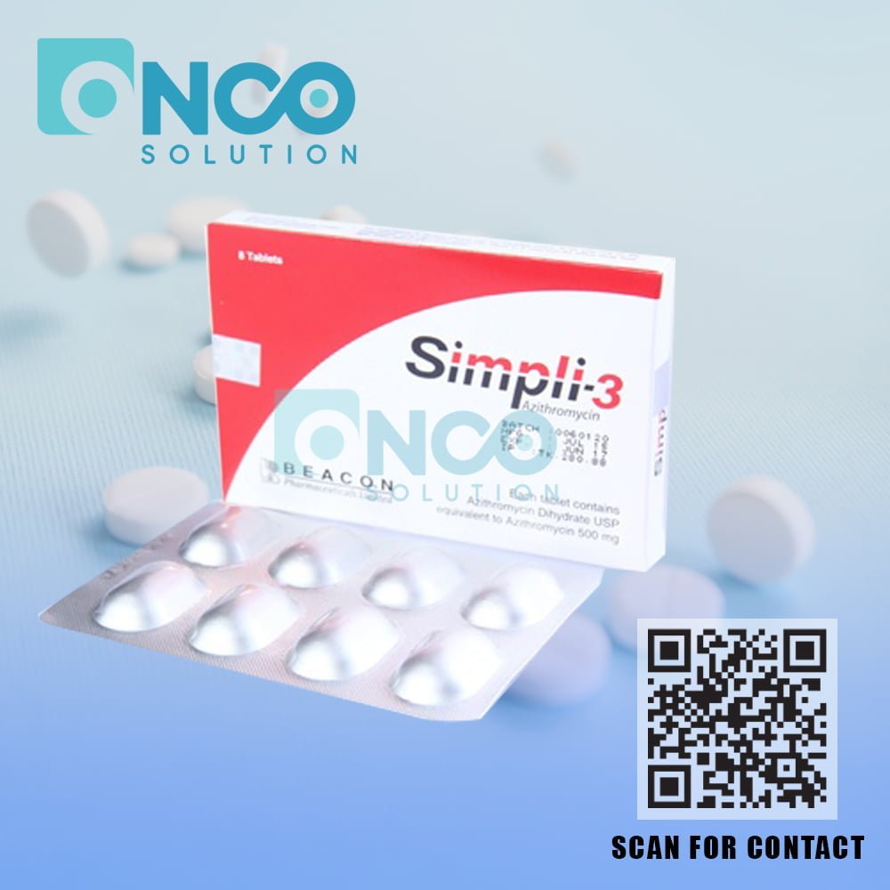 Simpli-3 500 mg (Azithromycin) Tablets for bacterial infections by Beacon Pharmaceuticals Ltd., supplied by Onco Solution.