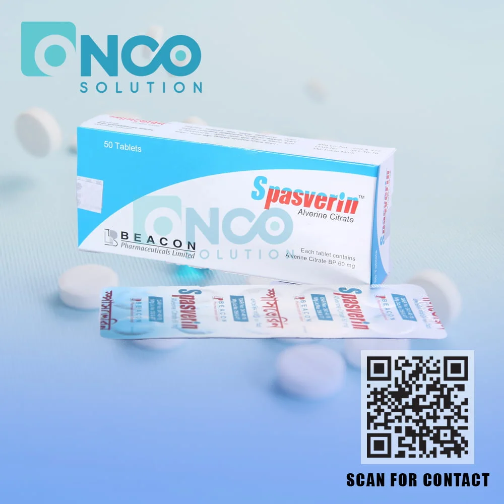 Spasverin 60 mg (Alverine Citrate) Tablets - Abdominal pain and cramp relief by Beacon Pharmaceuticals, available from Onco Solution.