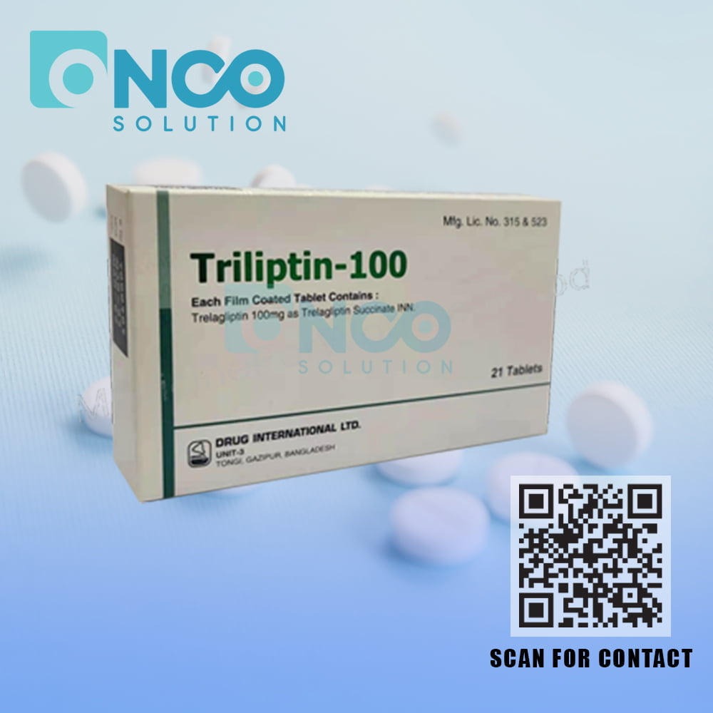 Triliptin 100 mg (Trilagliptin) Tablets - Type 2 diabetes treatment by Drug International Ltd., supplied by Onco Solution.