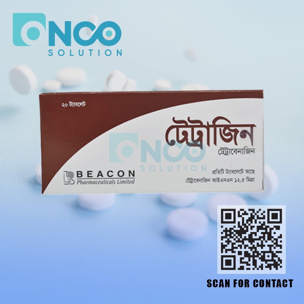 Tetrazine 12.5 MG (Tetrabenazine) Tablets - Treatment for hyperkinetic movement disorders by Beacon Pharmaceuticals, available from Onco Solution.