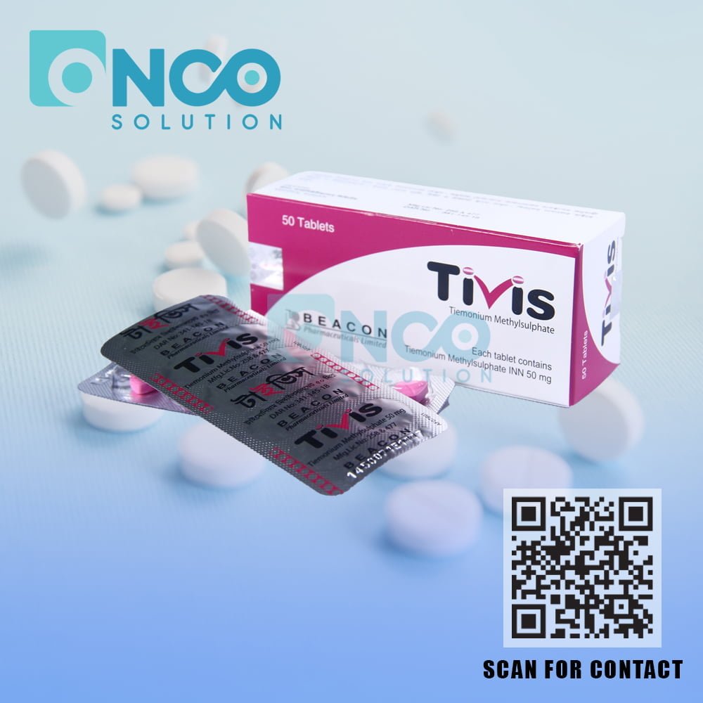 Tivis 50 MG (Tiemonium Methylsulphate) Tablets - Antispasmodic medication by Beacon Pharmaceuticals Ltd., available from Onco Solution.