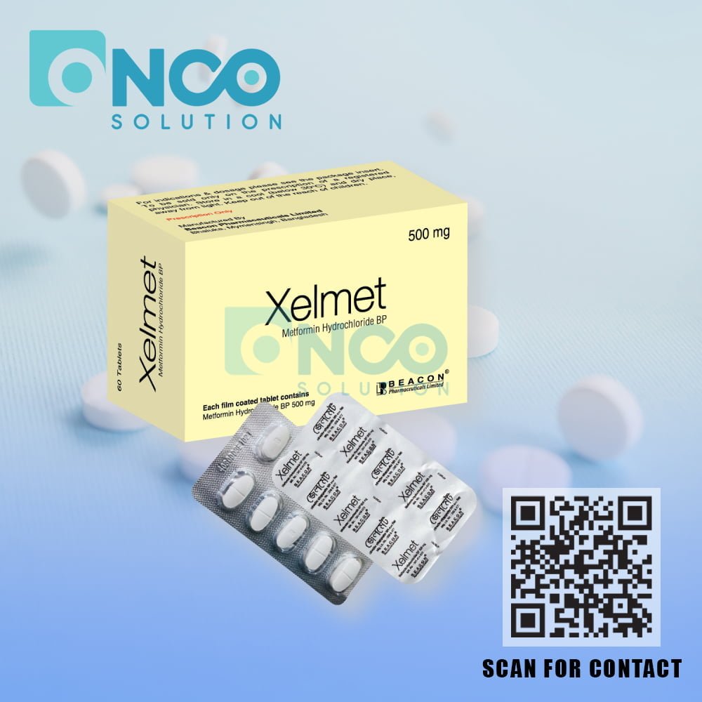 Xelmet 500 MG (Metformin Hydrochloride) Tablets for diabetes management, manufactured by Beacon Pharmaceuticals Ltd., supplied by Onco Solution.