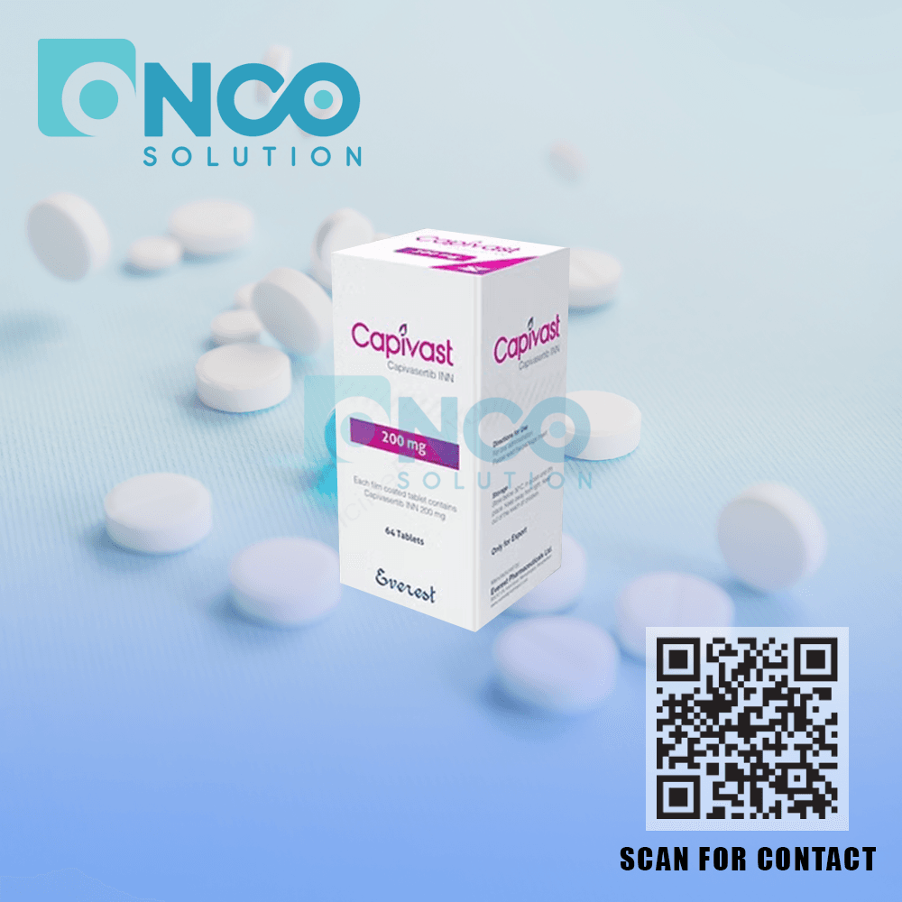 Capivast (Capivasertib) 200 mg Rx bottle – Targeted cancer treatment by Everest Pharmaceuticals.