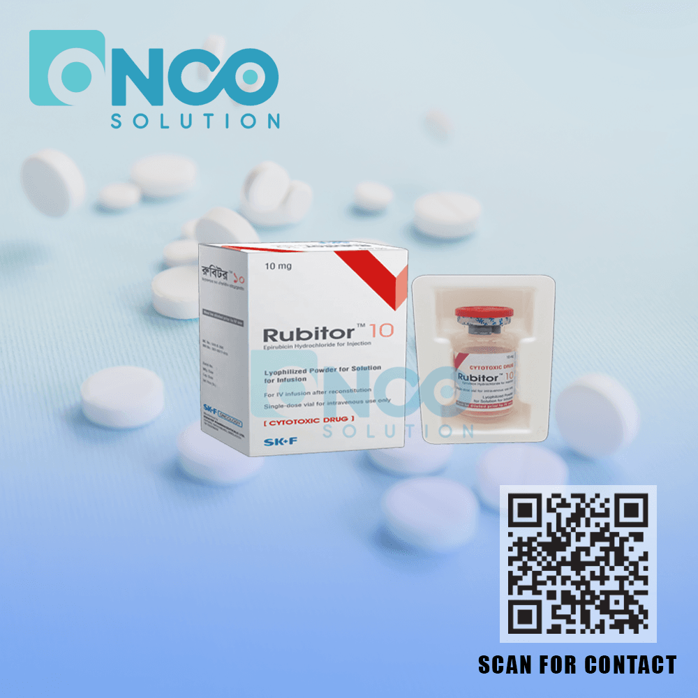 Rubitor 10 mg (Epirubicin) Injection vial for adjuvant breast cancer treatment.