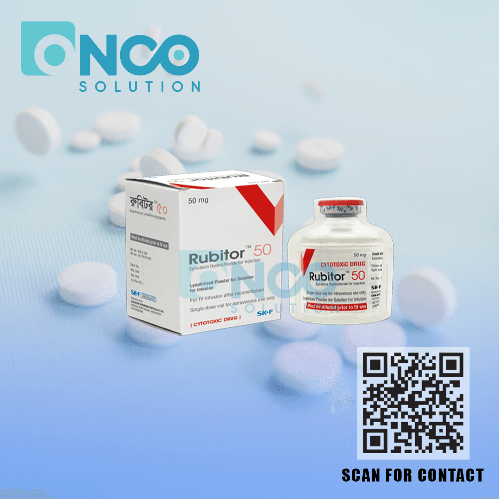 Rubitor 50 mg (Epirubicin) Injection vial for adjuvant breast cancer treatment.
