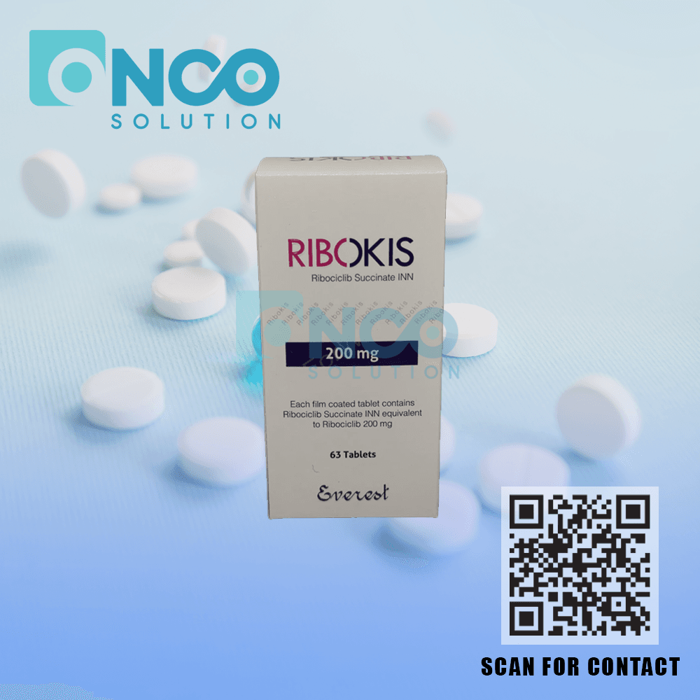 Blister pack of Ribokis 200 mg Ribociclib tablets by Everest Pharmaceuticals – supplied by Onco Solution for breast cancer treatment.