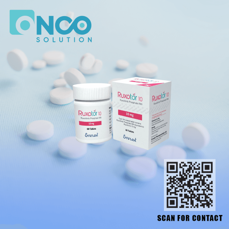 Blister pack of Ruxotor 10 mg Ruxolitinib Phosphate tablets by Everest Pharmaceuticals – supplied by Onco Solution for myelofibrosis and PV treatment.